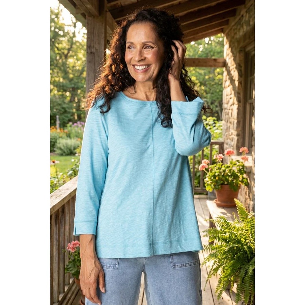 Habitat Top Women XXL Blue 3/4 Sleeve Slub Cotton Scoop Neck Center‎ Seam